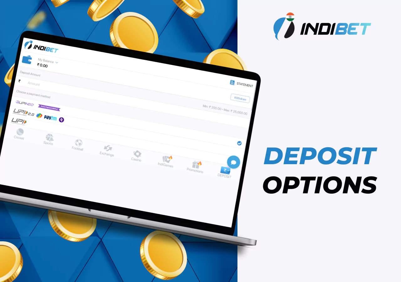 Available payment methods for deposits in Indibet