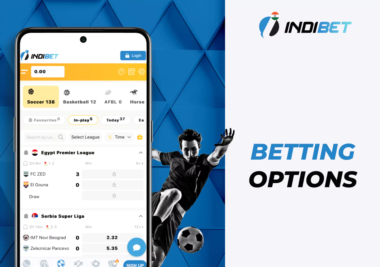 Sports betting options on the Indibet app