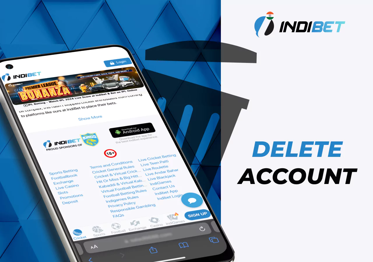 Process of deleting an account on the Indibet platform
